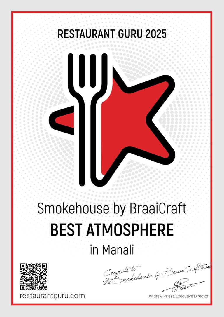 Restaurant Guru 2025 Awards Validate BraaiCraft 1 BraaiCraft Smokehouse Gurgaon wins Restaurant Guru 2025 Best Atmosphere award badge with red star and fork logo